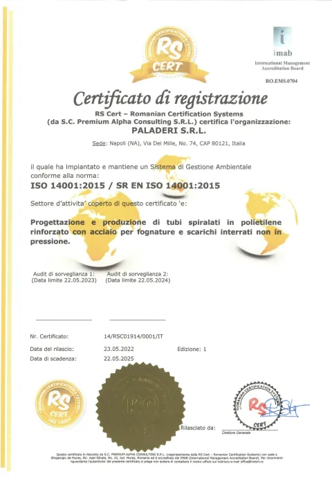 Certificato di registrazione ISO 14001 del sistema di gestione ambientale, RS Cert