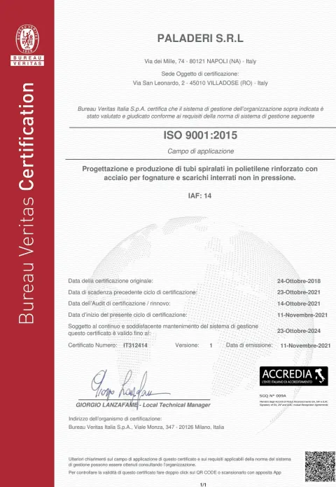 Certificato ISO 9001 del sistema di gestione per la qualità, Bureau Veritas