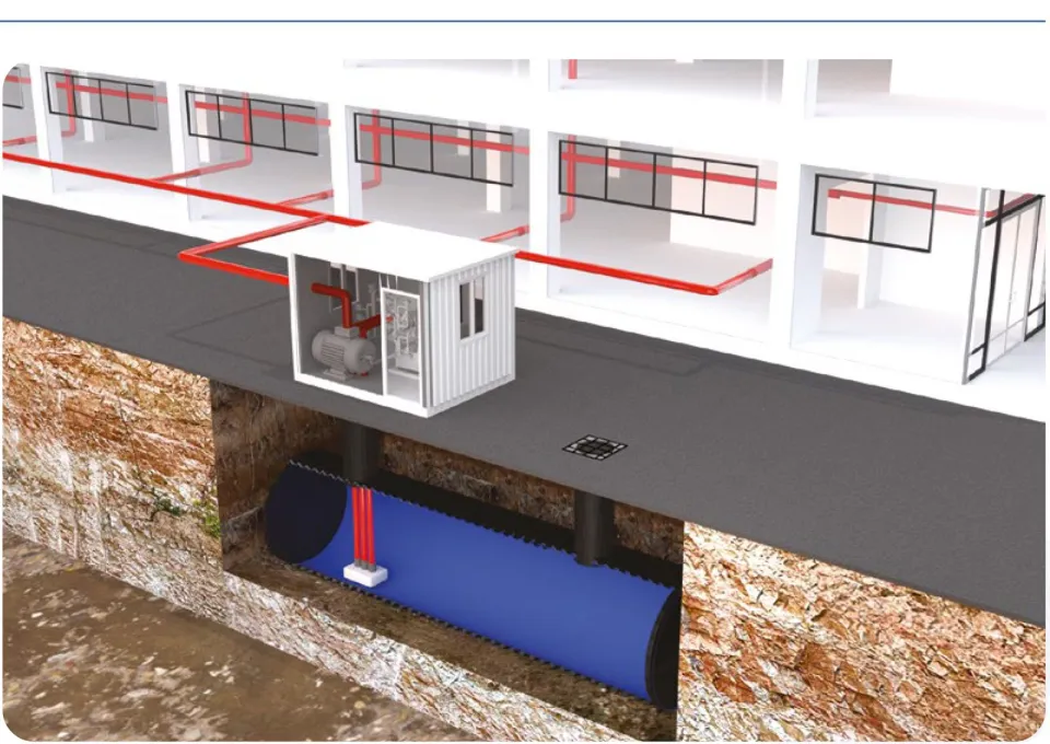 Diagram of a fire-fighting system with buried PALATANK storage tank and plant room
